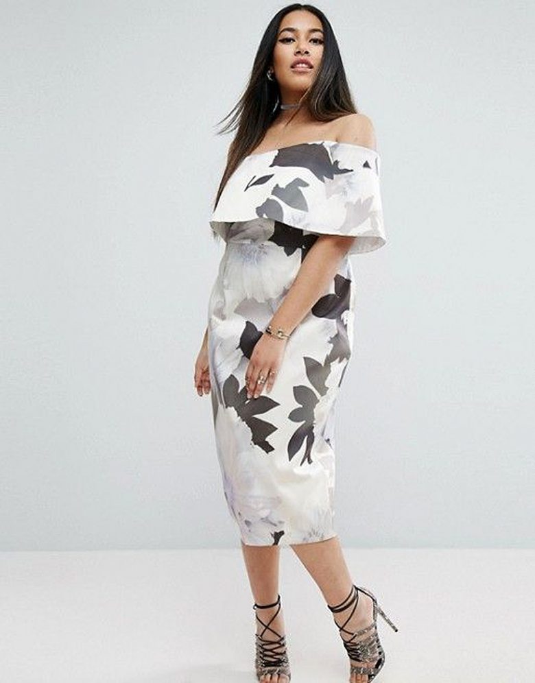 drop sleeve ruffle fitted dress with black and white floral patterns