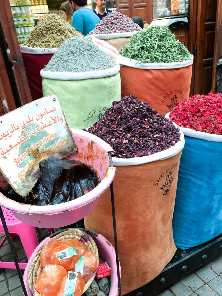 colorful bags of spices in Morocco