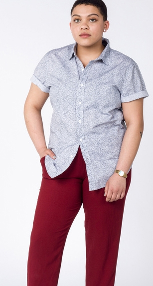 Masculine of center queer POC in Daisy Button Up and maroon pants