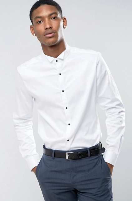 ASOS Slim Sateen Shirt with Wing Collar And Contrast Buttons