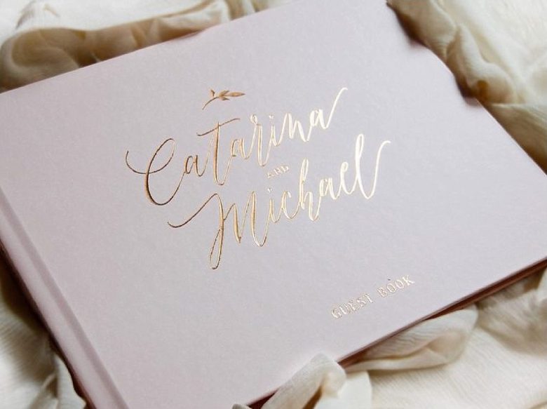 pink with gold foil script guest book