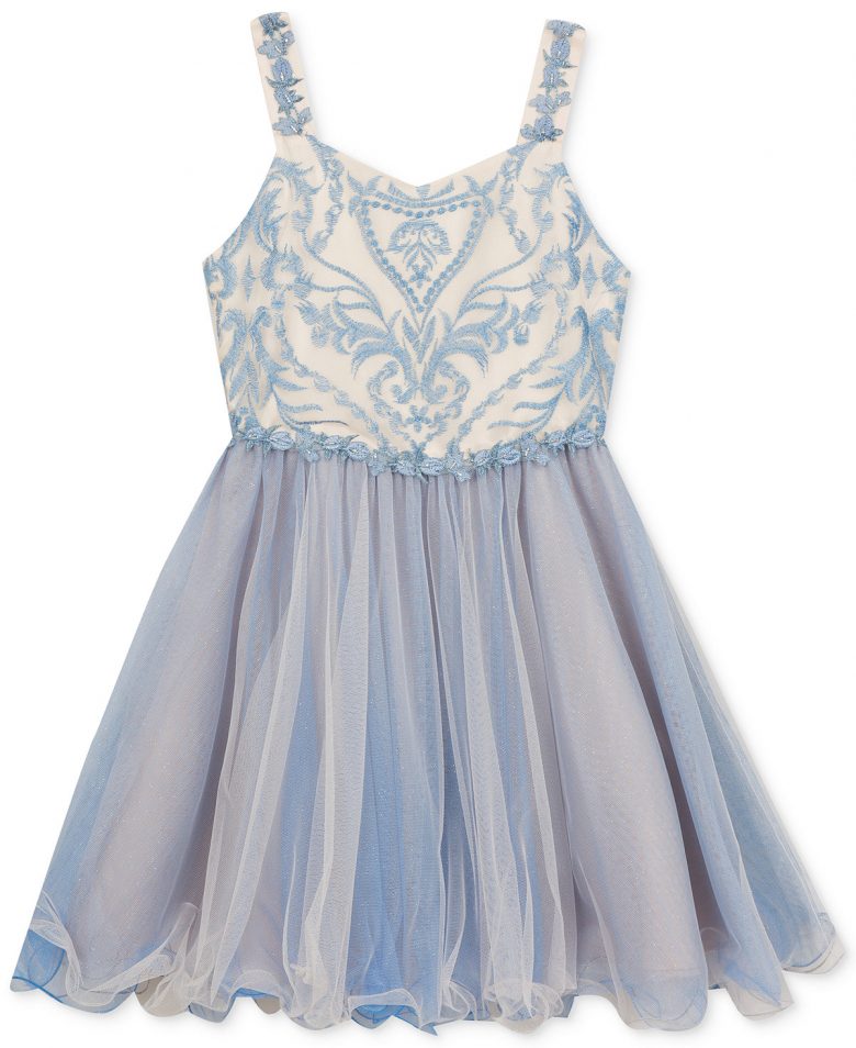 blue dress with embroidered bodice