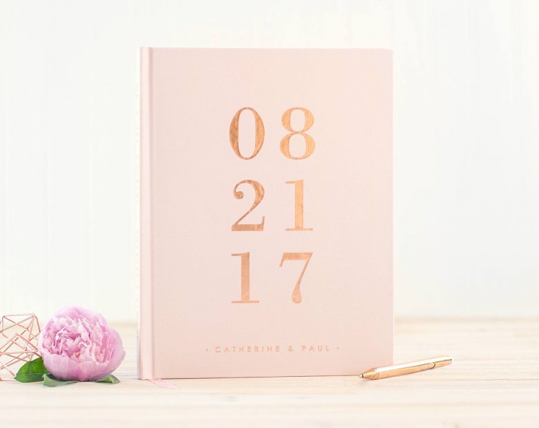 guest book with blush cover with rose gold foiling