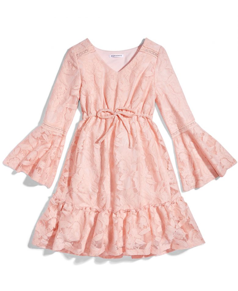 Pink boho little girls dress with bell sleeves