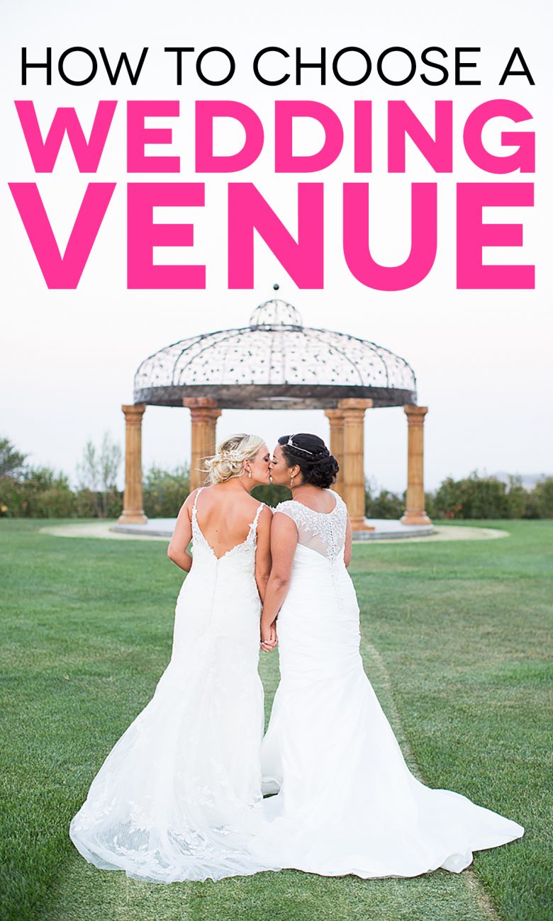 Two brides kissing below text "How To Choose A Wedding Venue"