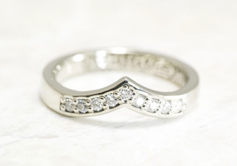 Narrow V Shaped Diamond Fingerprint Wedding Ring with Interior Tip Print