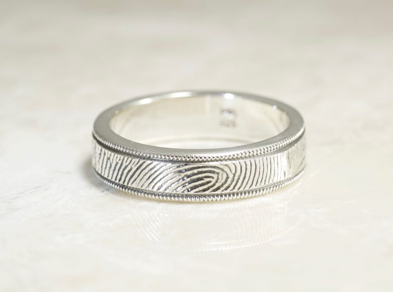 Milgrain Edge Fingerprint Wedding Band with Exterior Wrapped Print in Sterling Silver