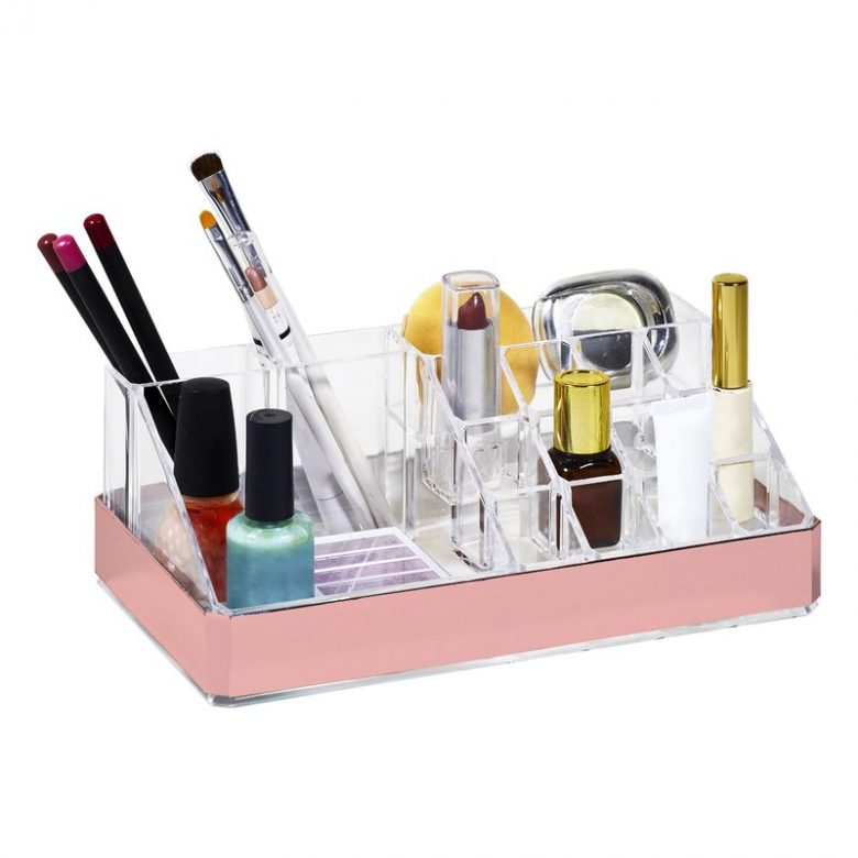millennial pink and clear acrylic makeup organizer for bathroom counter or drawer