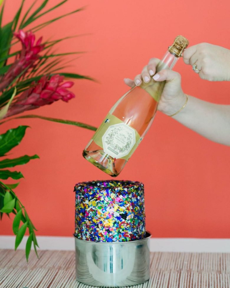 confetti ice block and champagne bottle