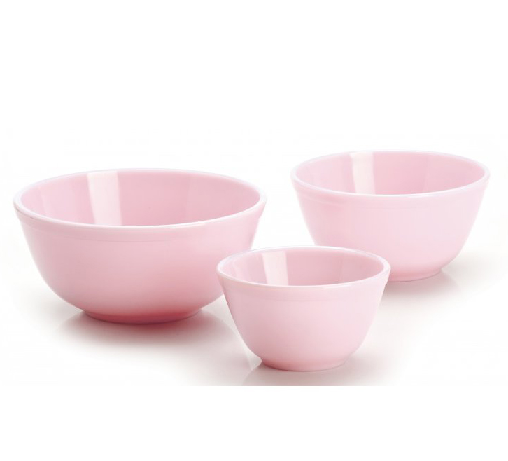 set of three nesting millennial pink glass mixing bowls