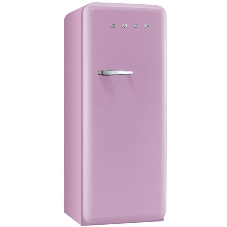 millennial pink SMEG retro refrigerator with chrome handle