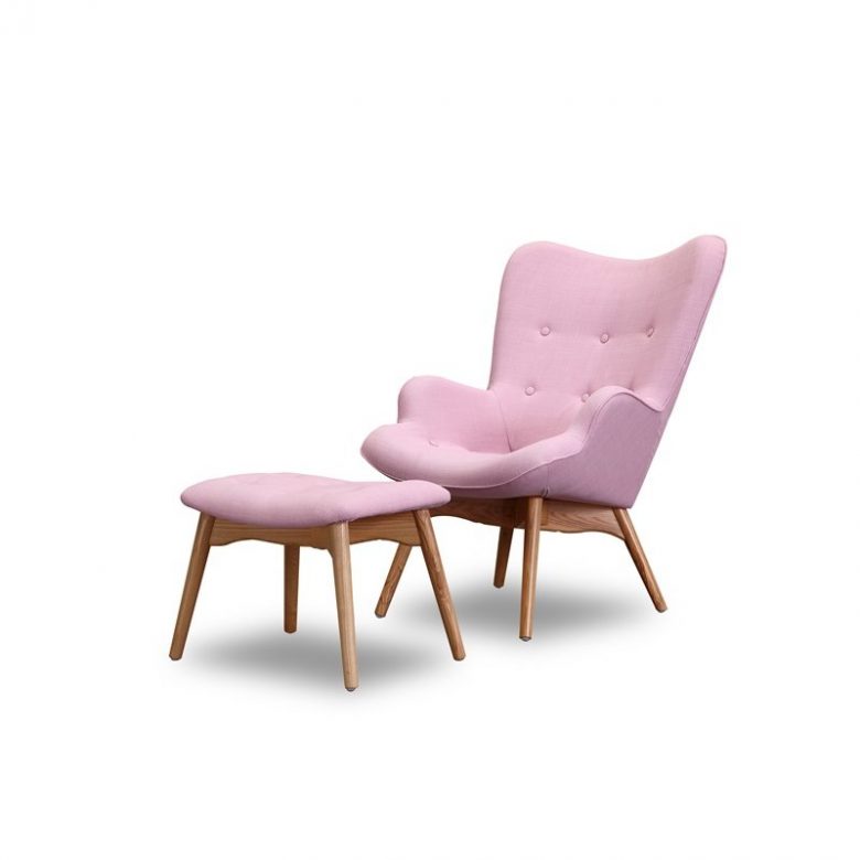 millennial pink upholstered arm chair with footrest with wood legs