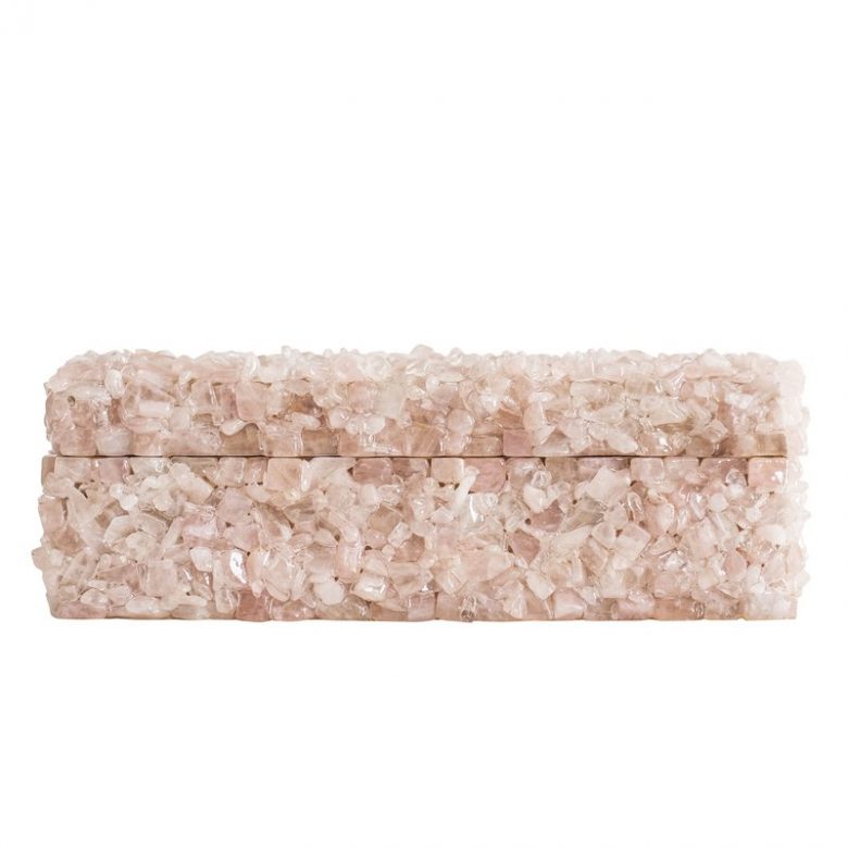 rectangular hinged box covered in millennial pink rose quartz stones