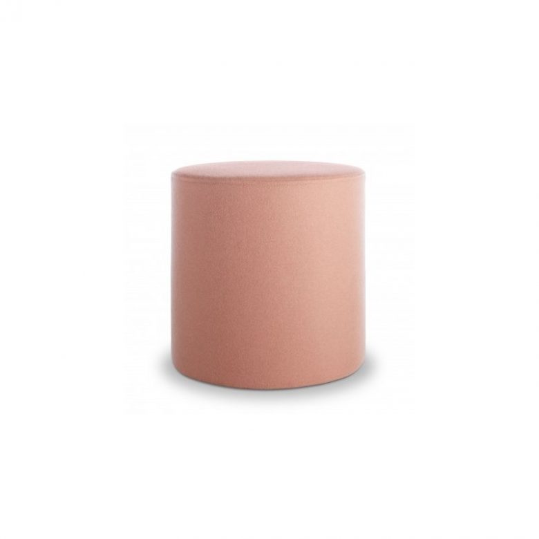 millennial pink fabric upholstered cylindrical shaped small ottoman