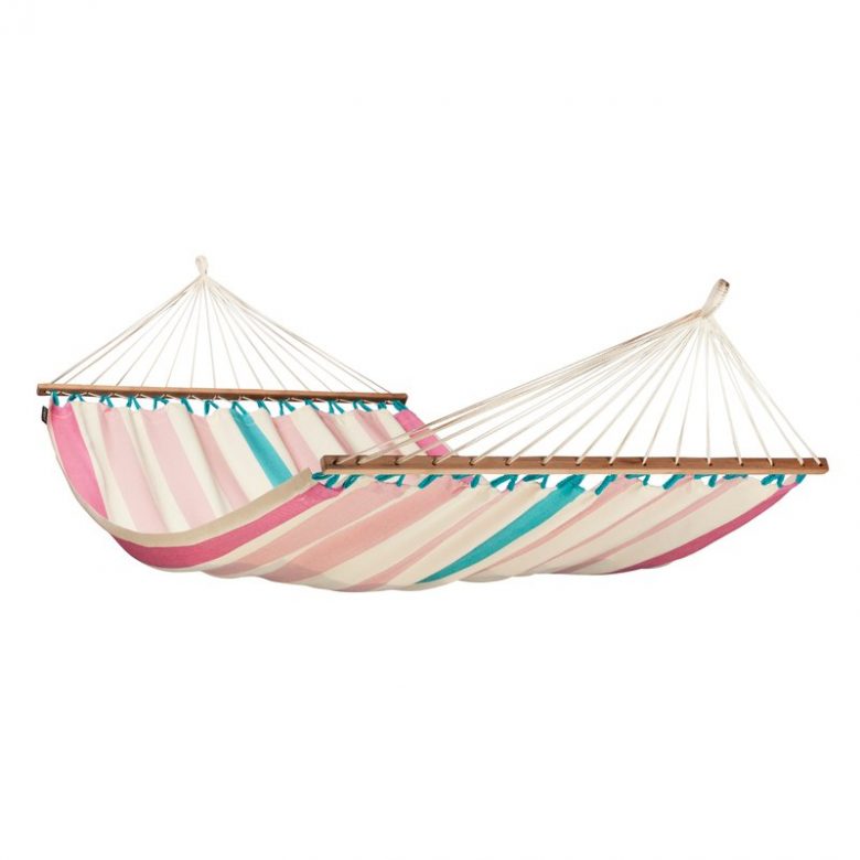 canvas tree hammock with millennial pink and teal stripes