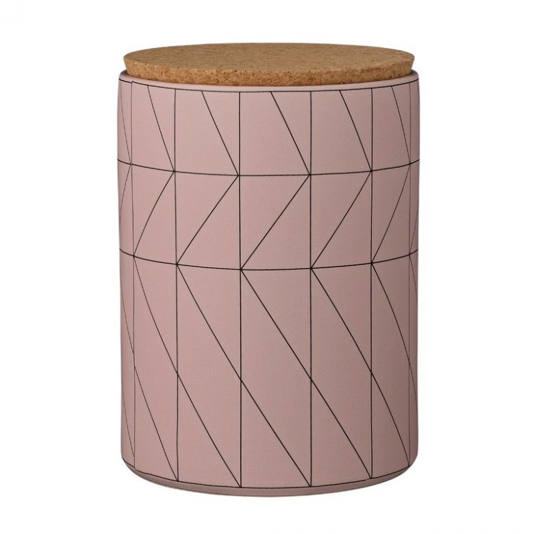 millennial pink tall canister with cork lid and dark gray geometric pattern