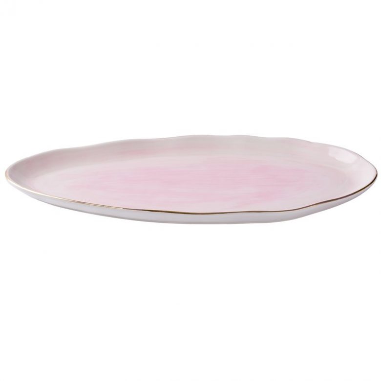 abstract ceramic oval millennial pink serving dish with gold trim edge