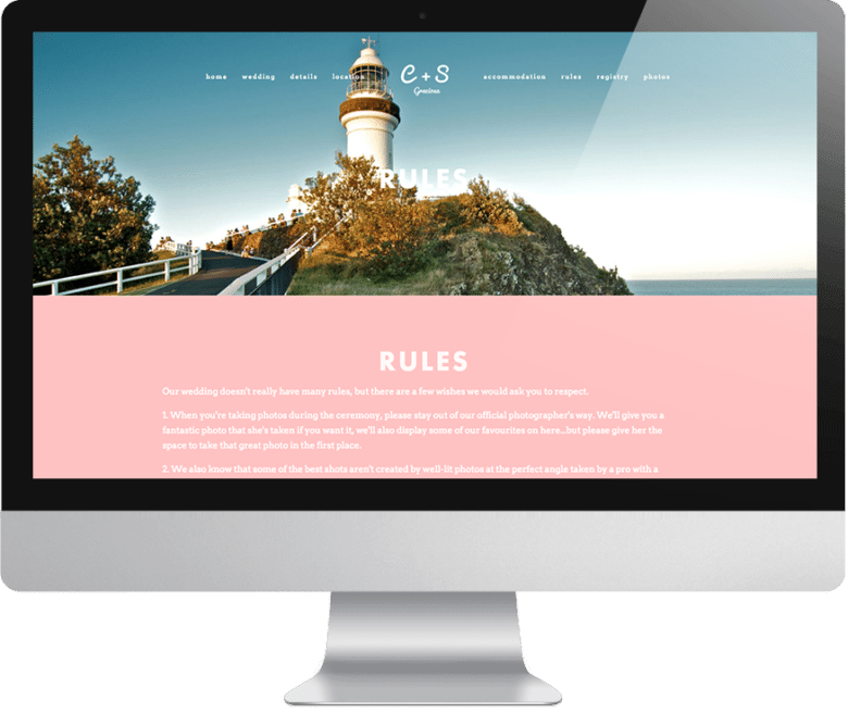 Wedding website "rules" page with image of lighthouse and path on computer monitor