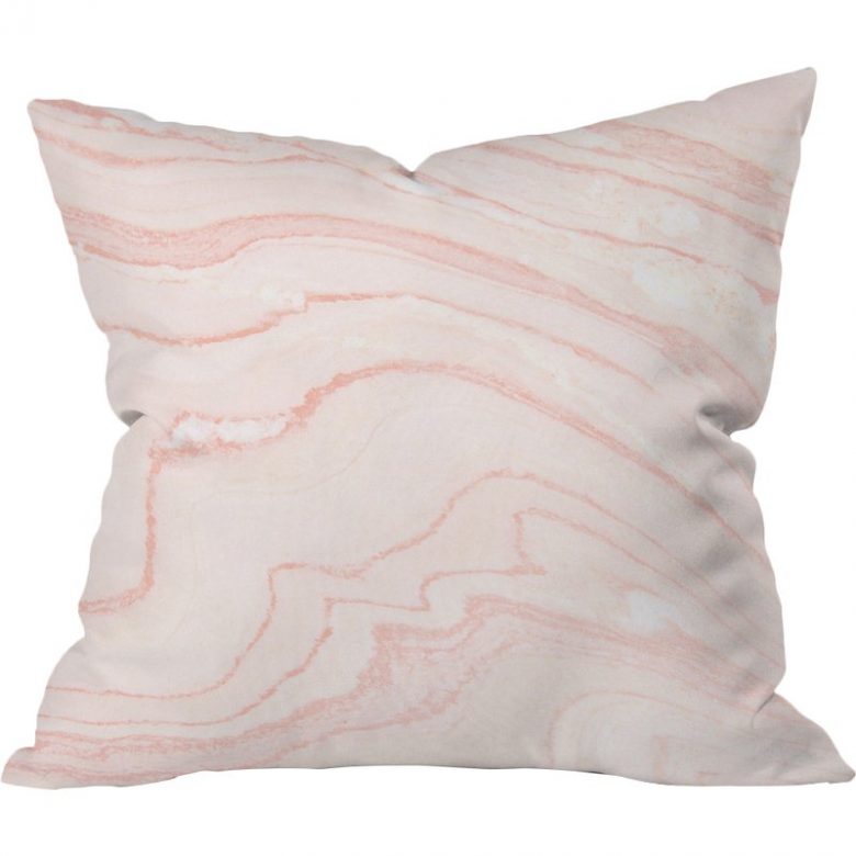 white and millennial pink marbled pattern on square pillow