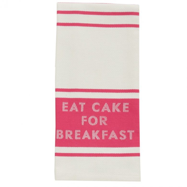 kate spade new york dish towel with words "Eat Cake for Breakfast" on the front with millennial pink stripes