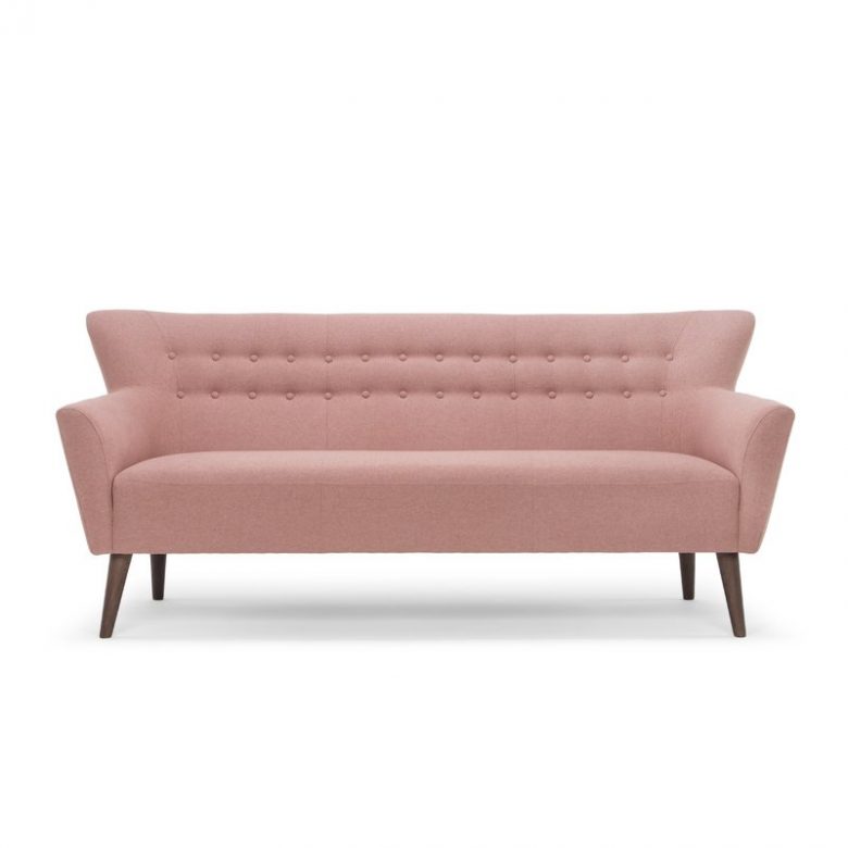 millennial pink tufted mid-century modern style sofa with wood legs