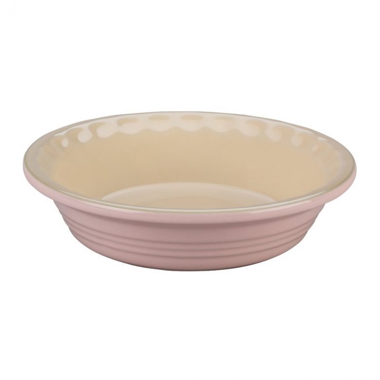 millennial pink Le Creuset round stoneware pie baking dish 