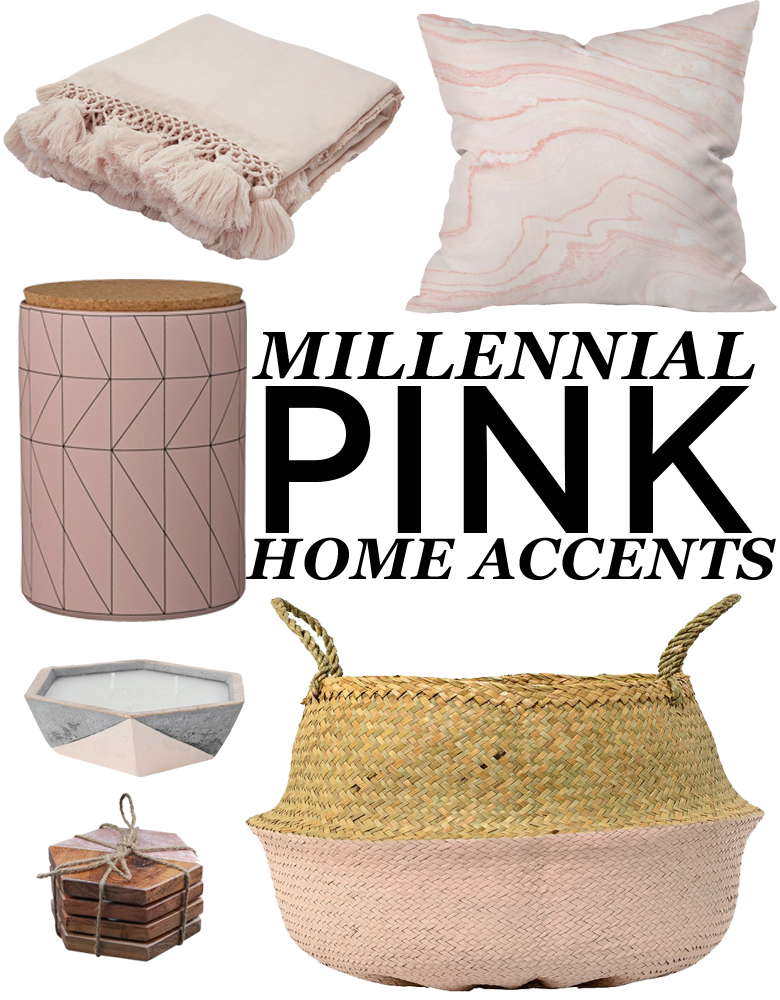 graphic with words "millennial pink home accents" featuring various millennial pink home decor items for wedding registry