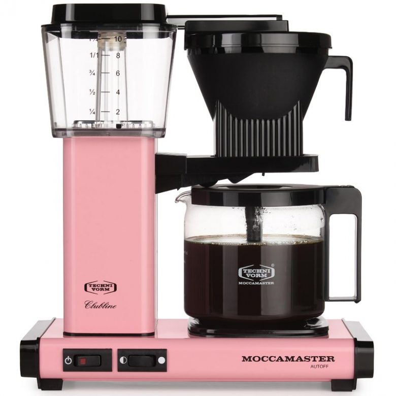 millennial pink moccamaster coffeemaker with attached bean grinder