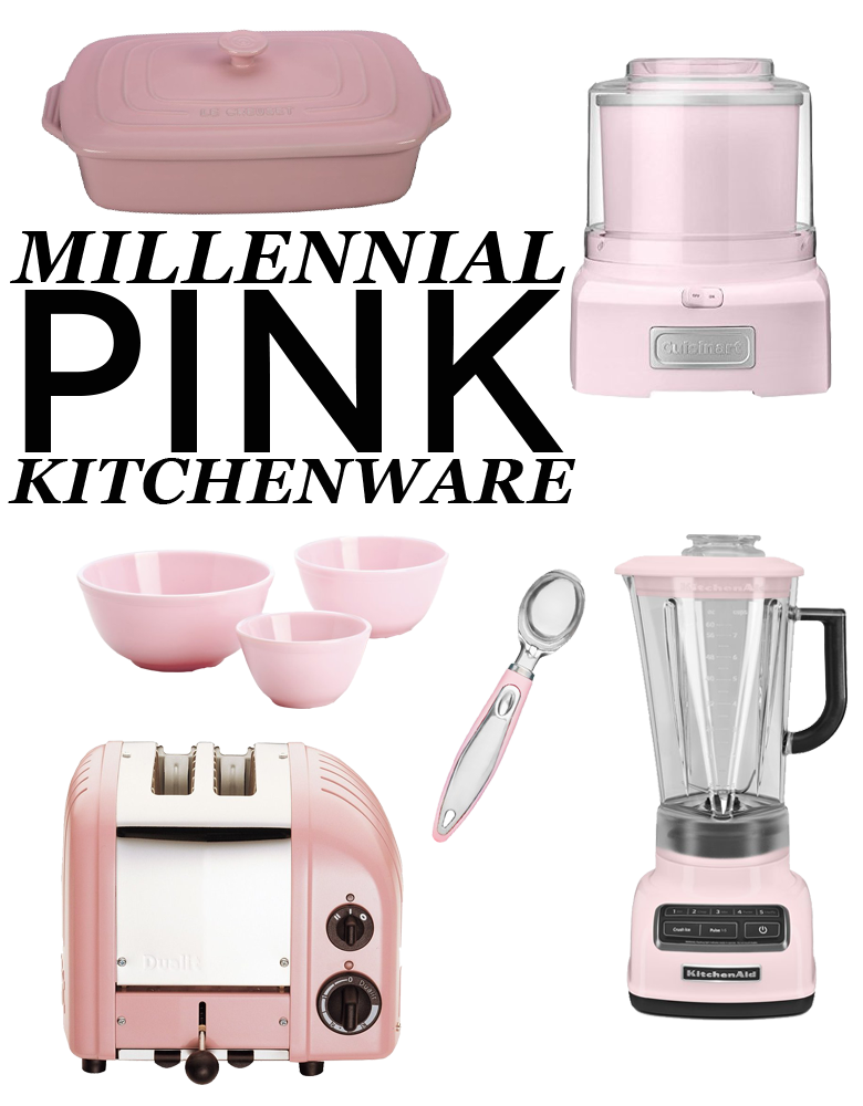 graphic with words "millennial pink kitchenware" featuring millennial pink kitchen items for wedding registry