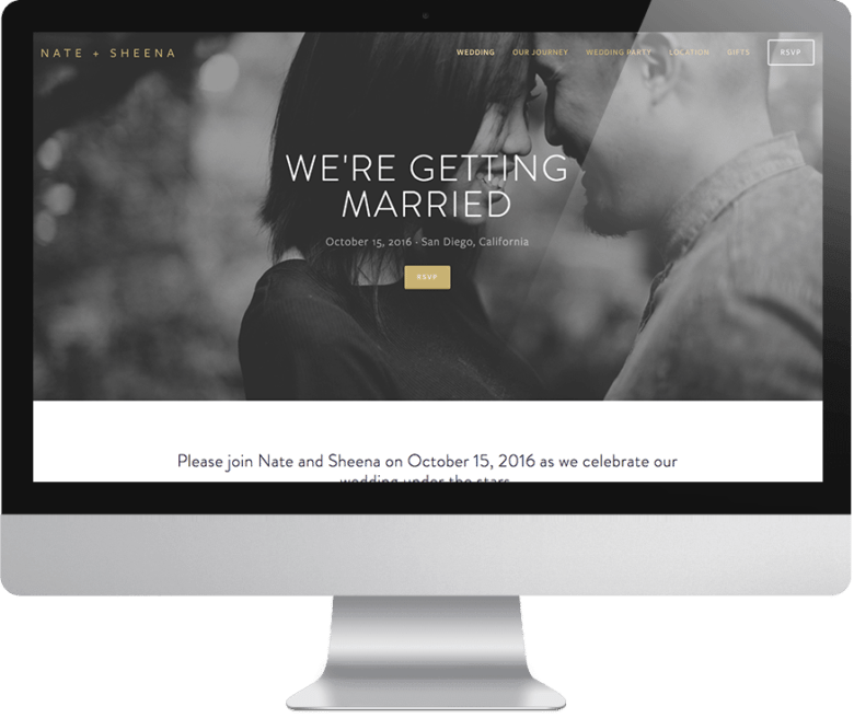 Nate + Sheena's wedding website with black and white photo of smiling couple with their heads together with text overlay "we're getting married" on a computer monitor