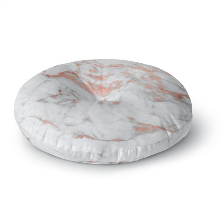 round floor cushion with marble pattern with millennial pink & rose gold veining 