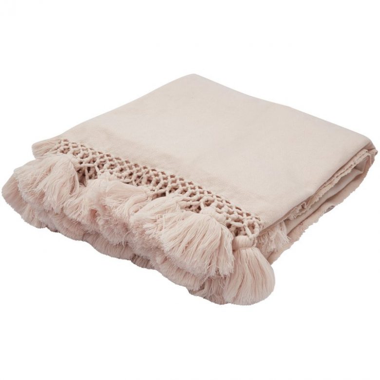 millennial pink throw blanket with crochet edge with tassels 