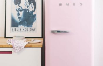 Pink Smeg Fridge next to wooden countertop with Billie Holiday poster and succulent