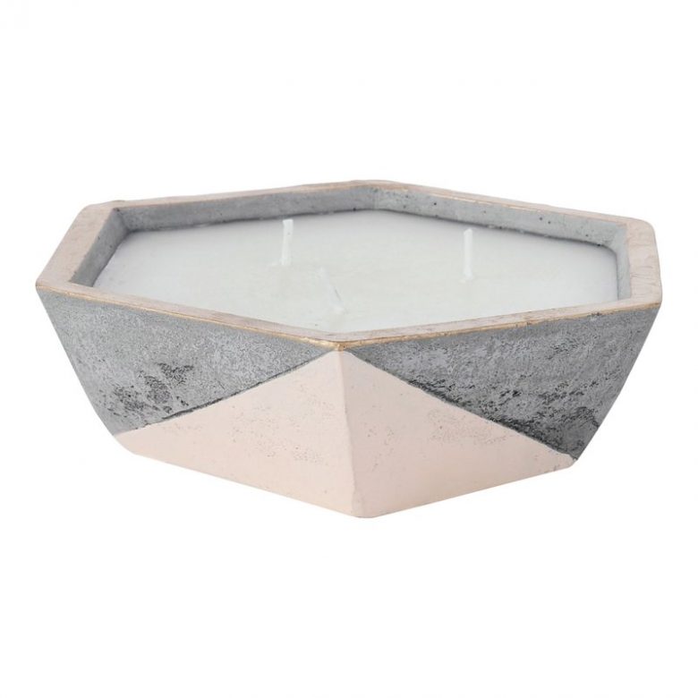 hexagon shallow cement candle holder with geometric millennial pink painted pattern