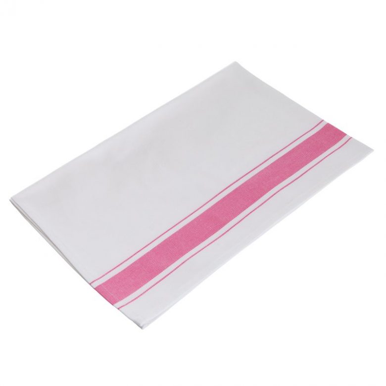 white dishtowel with millennial pink stripe