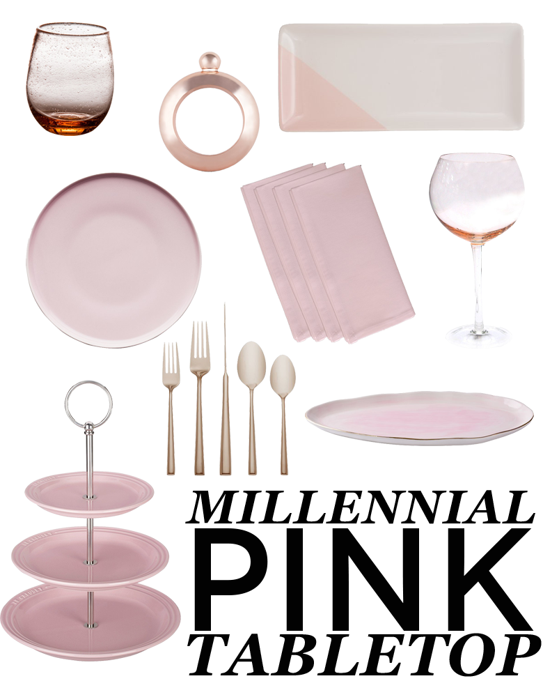 graphic with words "millennial pink tabletop" featuring various millennial pink dishware items for wedding registry
