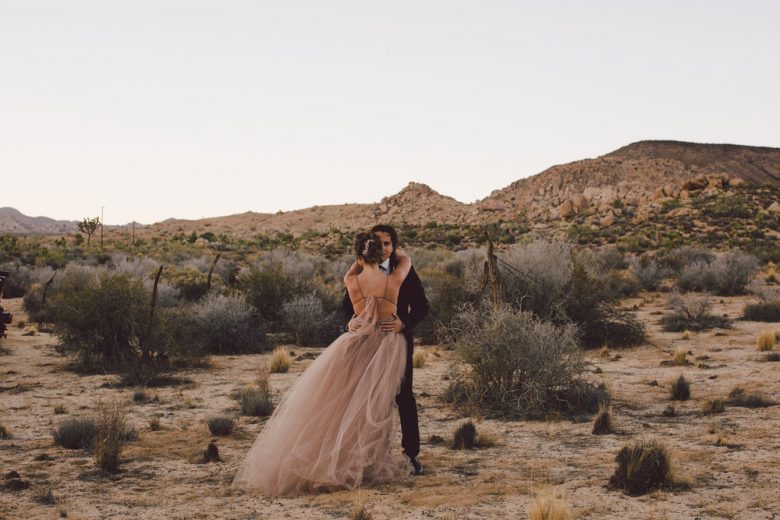 A bride and groom embrace in the middle of a desert. The bride faces away from us, her face and body partially obscuring the groom's face.