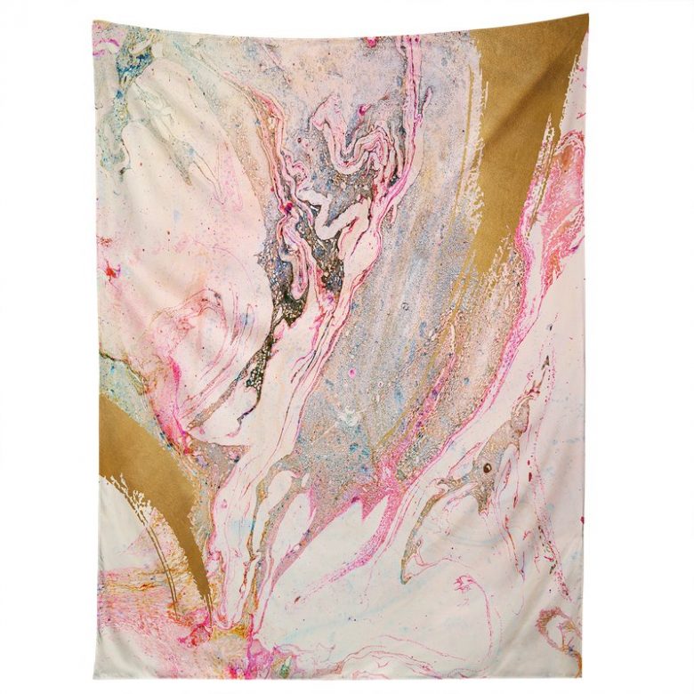 wall tapestry featuring abstract marble pattern with millennial pink and gold colors