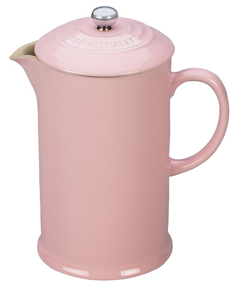 millennial pink Le Creuset stoneware French press coffee maker
