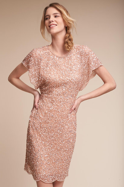 short rose gold beaded and sequin bridesmaid dress with flutter sleeves
