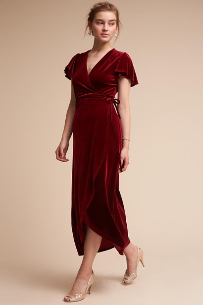 velvet deep red flutter sleeve midi length wrap bridesmaid dress