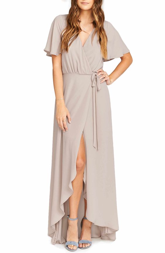 flutter sleeve taupe wrap bridesmaid dress