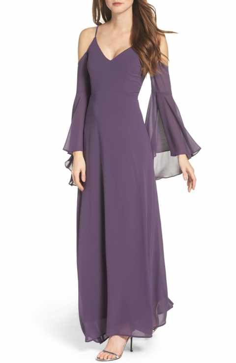 cold shoulder bell sleeve long purple bridesmaid dress