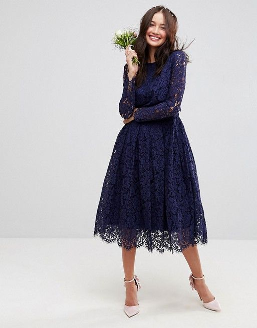 navy blue lace midi long-sleeve cheap bridesmaid dress