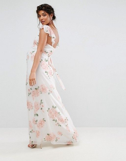 blush pink and white floral Ruffle Shoulder Floral Maternity Maxi Dress