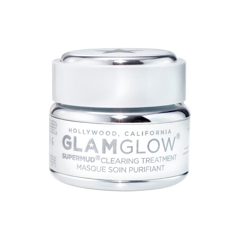 White jar with silver lid of Glamglow supermud clearing mask treatment