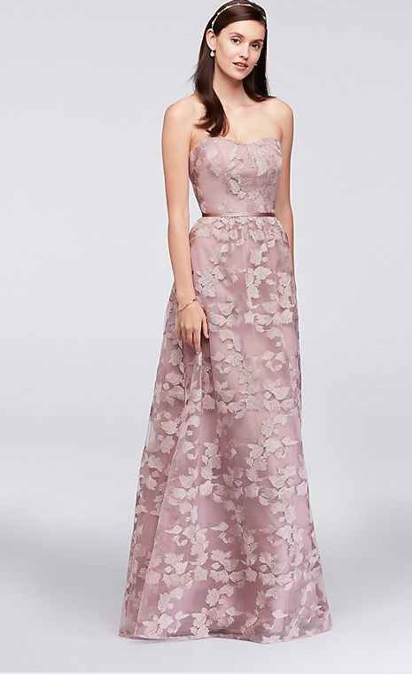 Embroidered Long Strapless Bridesmaid Dress