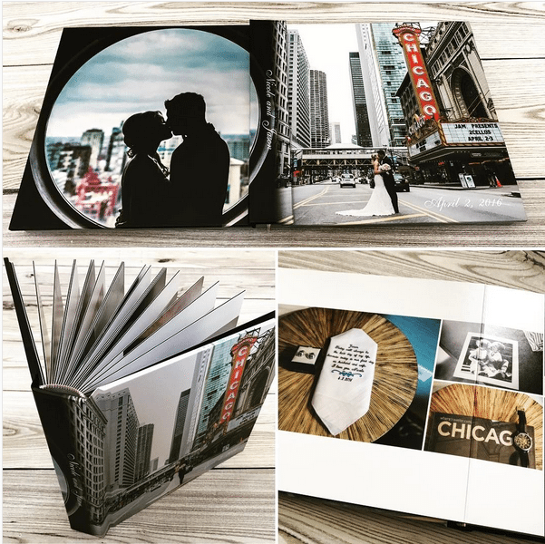 Photo collage of album with photo wrap hardcover of Chicago wedding, with interior spread of detail shots