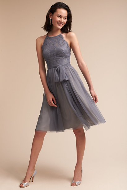 light grey, knee length, flowing dress