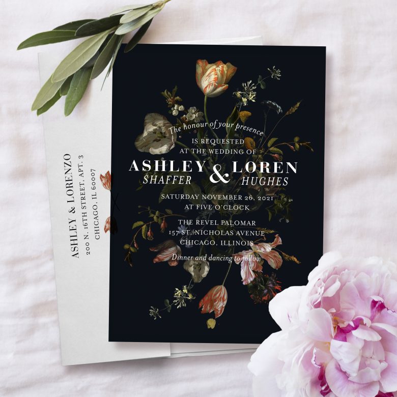 Moody and romantic floral wedding invitation with black background